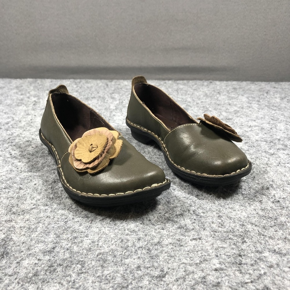 Tsonga Shoes Womens Size 5.5 Green‎ Leather Flower Slip On Comfort Flats Casual